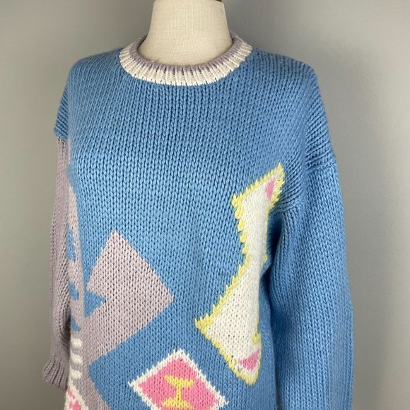 Vintage 90s Exclusive Imports Pastel Blue Gray Pink Abstract Sweater Medium - Picture 2 of 7